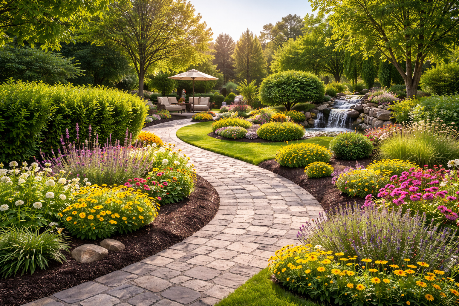 Beautiful landscaped garden path and lawn