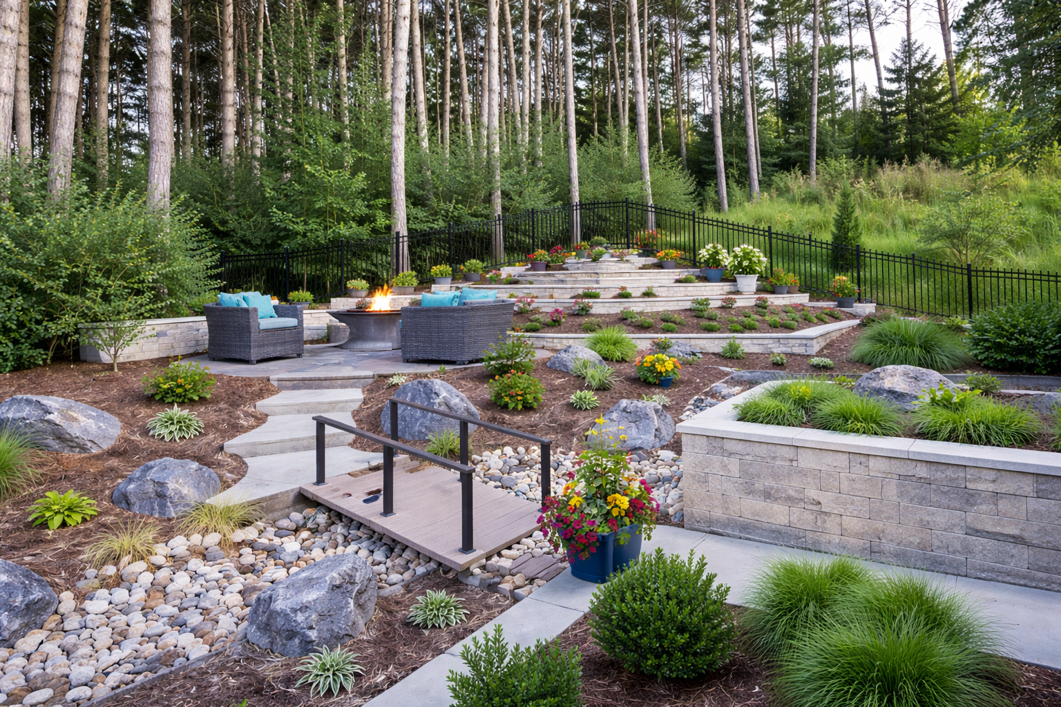 Stone landscaping and terraced backyard